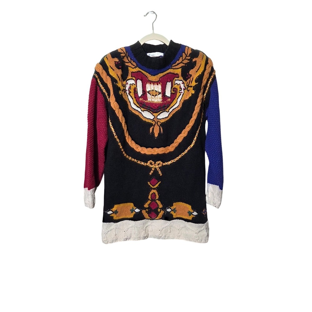 Jennifer Collection Vintage Colorblock Sweater Ornate Tapestry Knit Artsy Boho - Picture 3 of 8